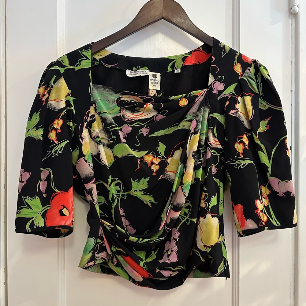 Emanuel Ungaro vintage 1980s black floral silk blouse, sz 4, sexy but demure - Picture 3 of 11